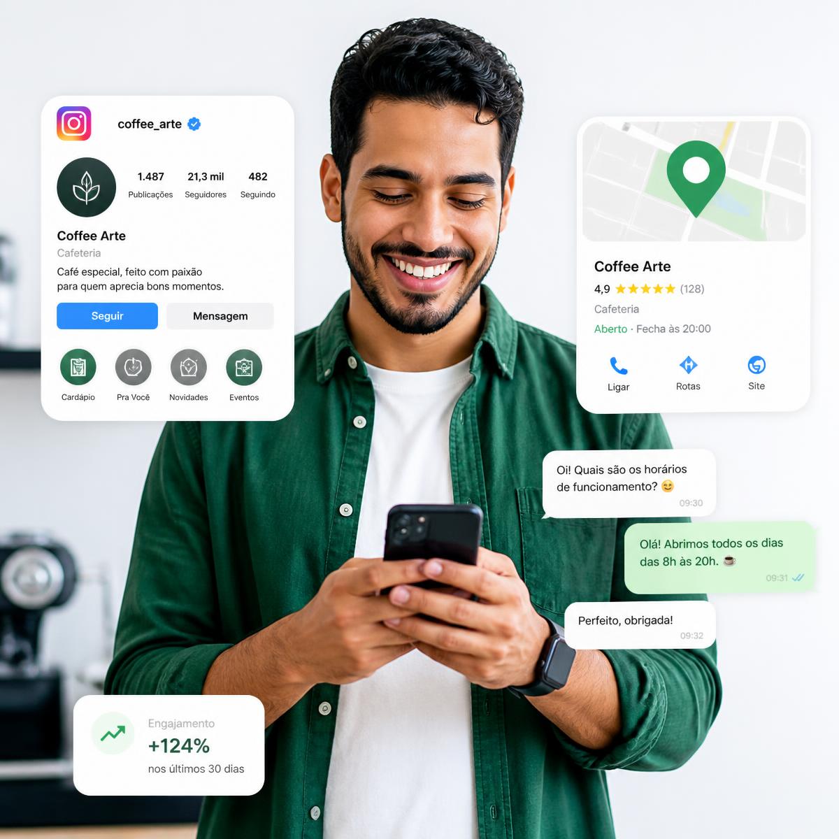 Empreendedor usando o celular para atrair clientes pelas redes sociais